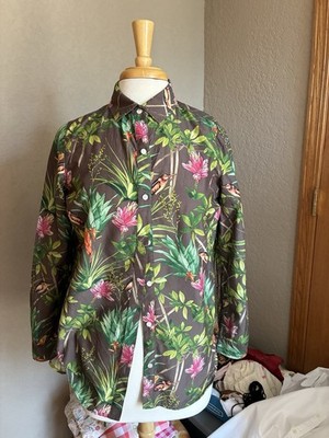 J. McLaughlin Brown Birds Flowers Sleeve Button Down Top Shirt Women Size M