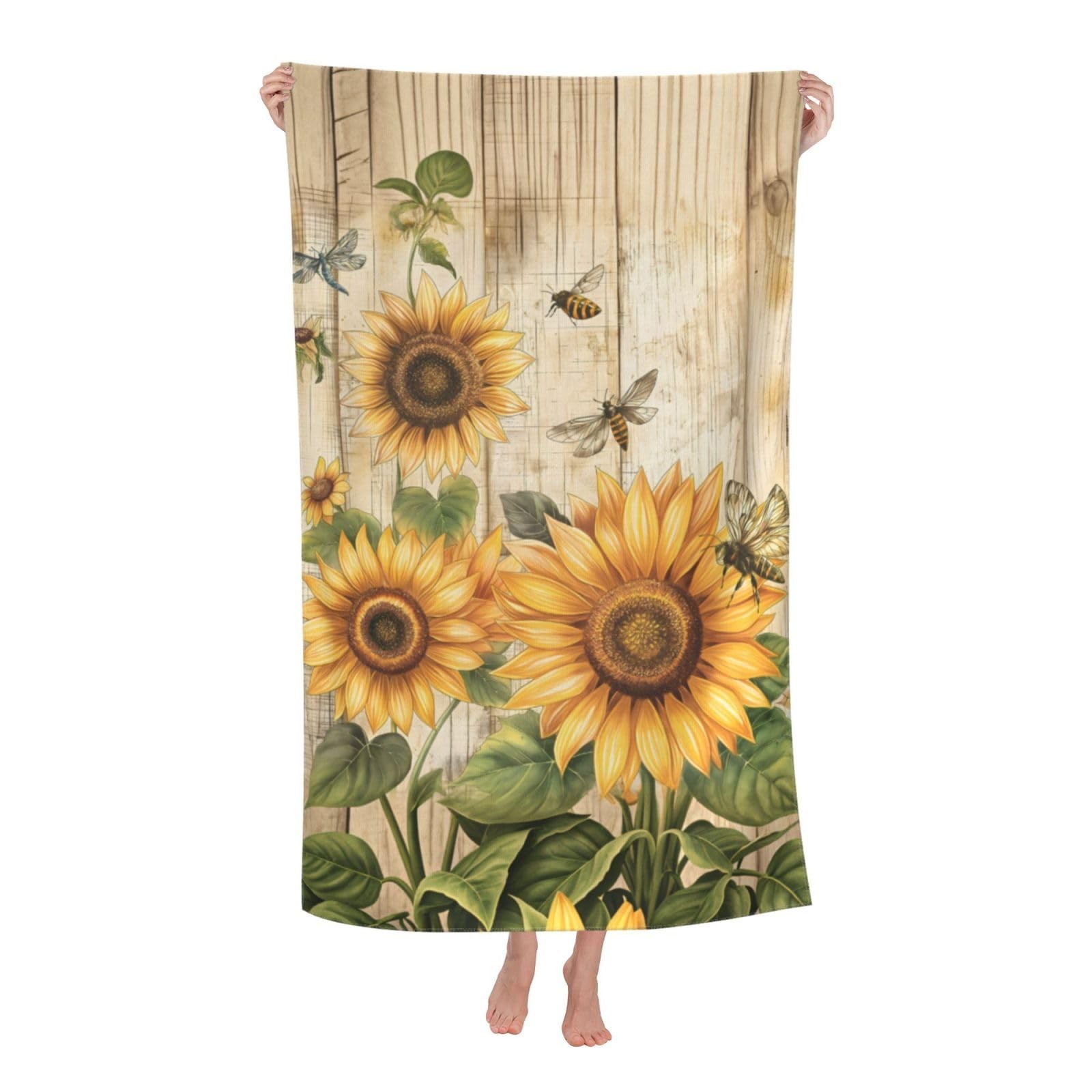 Sunflower and Bee Beach Towel 31inx51in Rustic Floral Sand-Free Microfiber Ba...