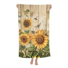 Sunflower and Bee Beach Towel 31inx51in Rustic Floral Sand-Free Microfiber Ba...