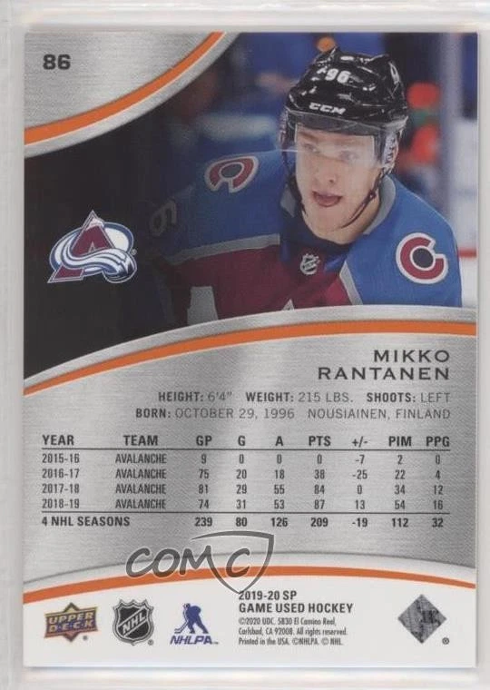 2019-20 Upper Deck SP Game Used Orange Rainbow /104 Mikko Rantanen #86 - Image 2 of 2