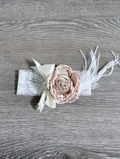 Lace baby headband with beige flower, feathers, White Beige accents