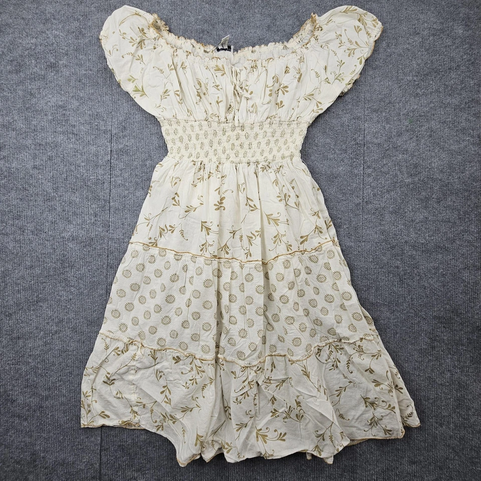 Vintage JM Signature Dress Womens Large Milkmaid Cream Floral Boho Smocked Midi - Image 2 of 4