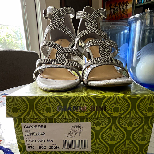 Gianni Bini Women’s Rhinestone Strappy Ankle Strap Buckle Sandals Gray 9M