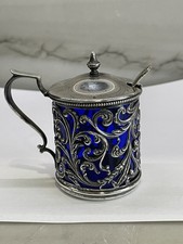 Ornate Antique Sterling Silver Mustard Pot Cobalt Blue Glass Liner W/Spoon