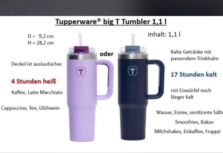 Tupperware Big T Tumbler Thermobecher versch. Ausführ 630ml/ 1,1L Flieder o.Blau - Bild 2 von 4