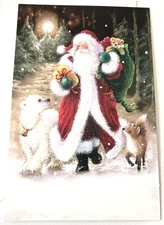 Christmas Card Old Time Santa with Polar Bear and Fox in the Snowy Woods