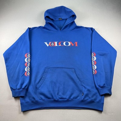 Vintage Volcom Hoodie Sweatshirt Mens Large Blue Fleece Logo Skater V-Line 90s