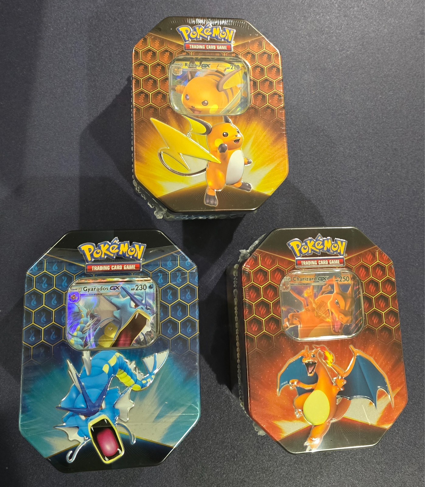 Pokemon TCG Hidden Fates 3 Tin Set Factory Sealed MINT Charizard Gyarados Raichu