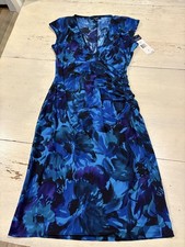 Chaps Dress Womens Small Blue Floral Faux Wrap Ruched Jersey Work Knee Length