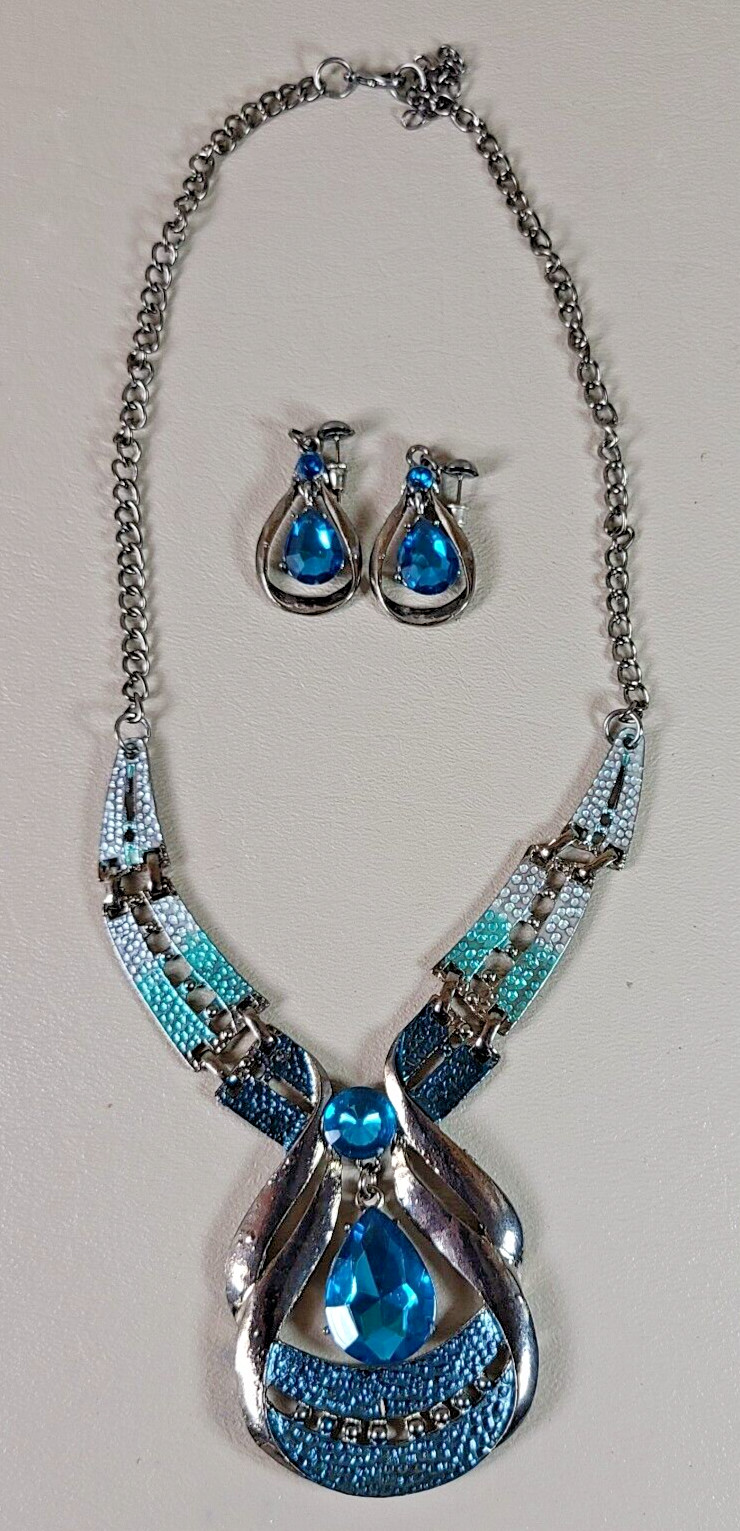 Statement Large Necklace And Dangle Earrings Blue… - image 1