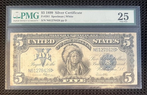 1899 $5 Five Dollar Silver Certificate Indian Chief FR#281 Speelman/White - Picture 1 of 2