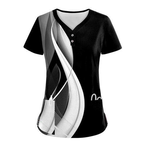 Women's Button V Neck Fashion Casual Geometric Prints Tops Dry-nurse Top,Scrubs - Picture 4 of 30