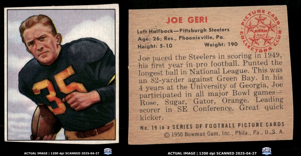 1950 Bowman #19 JOE GERI Pittsburgh Steelers RC VG (trimmed) - Image 3 of 3