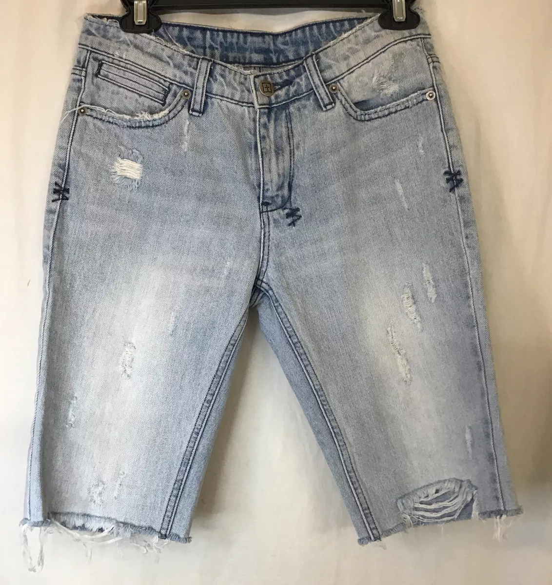 Ksubi Shorts Straight N Narrow Blue Denim Bermuda Ripped Faded Size 25