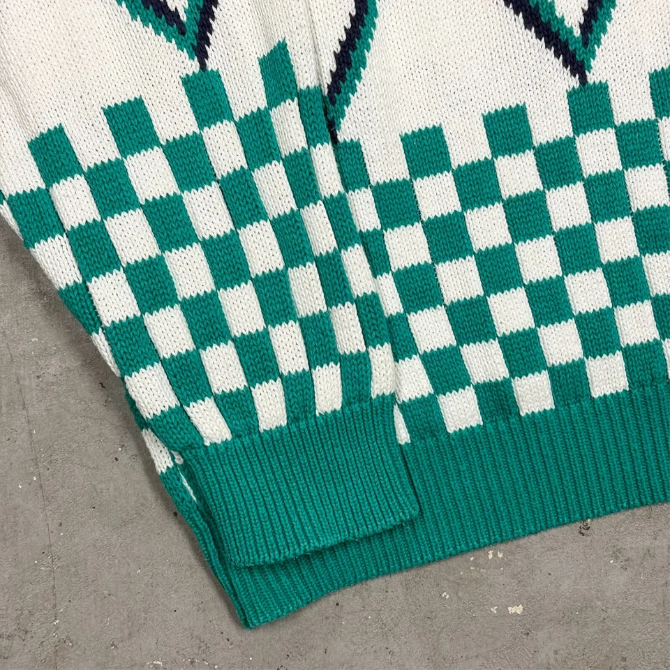 Vintage Stanley Blacker Hand Intarsia Knit Sweater Checker White Cotton Large - Image 3 of 4