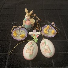 6 Easter Ornaments Eggs Cross Duck Umbrellas Bunny Resin Miniatures 2in Tall