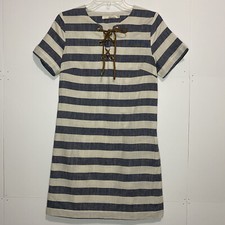 ELLISON Womens Small Striped Linen Cotton Dress Leather Tie Front Pockets