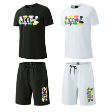 New Mens Cotton T Shirt Polyester Shorts Set ICON2 PRINT Tracksuit Summer