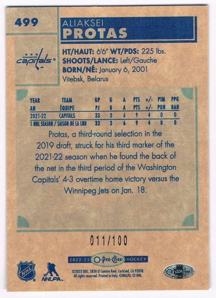 2022-23 O-PEE-CHEE RETRO BLACK ALIAKSEI PROTAS 011/100 WASHINGTON CAPITALS #499 - Image 2 of 2