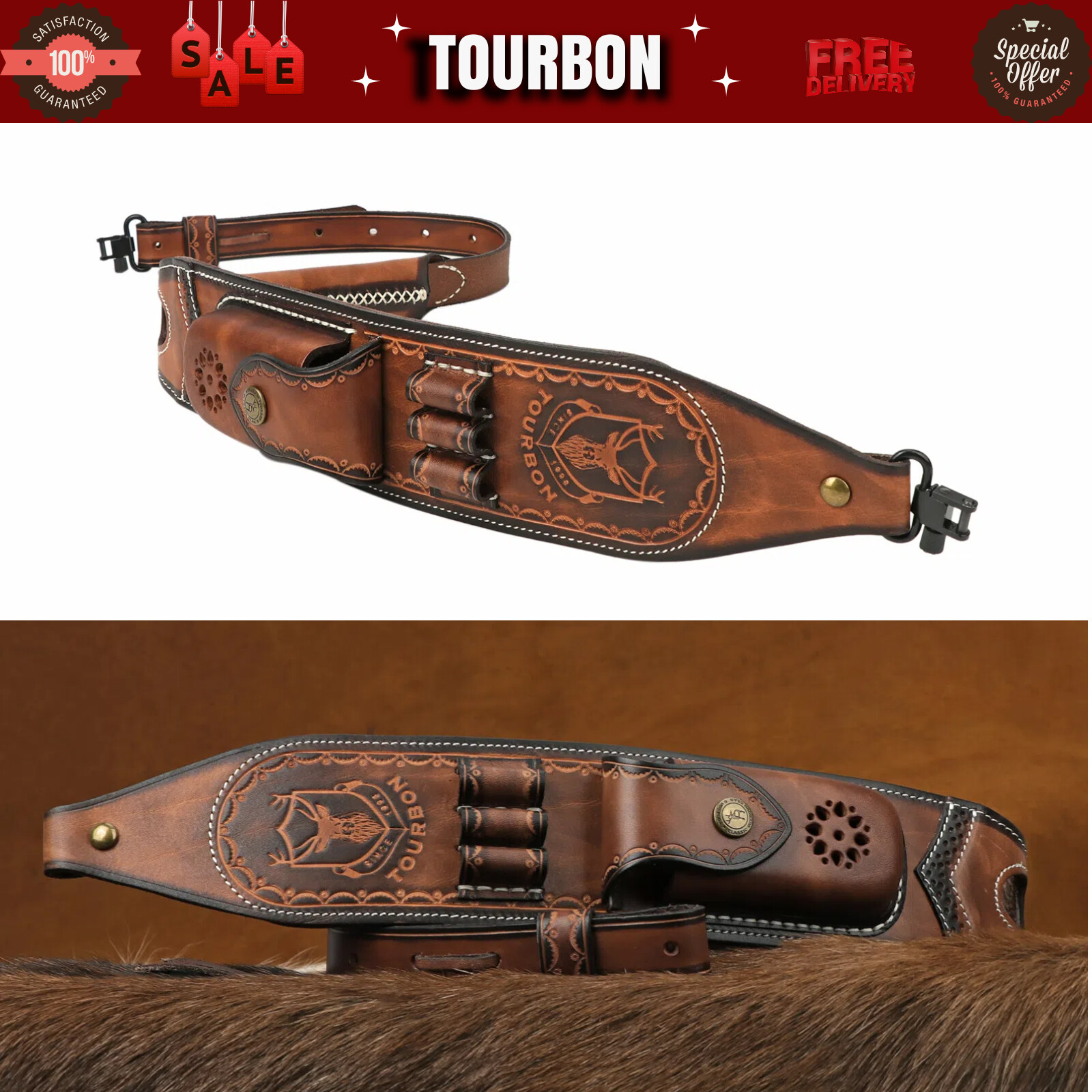 TOURBON Retro Leather Rifle Sling Gun Ammo Strap w/Knife Sheath Pouch+ Swivels