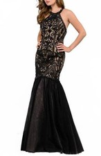 JOVANI SEQUIN MESH & LACE MERMIAD BLACK GOWN DRESS SZ 6