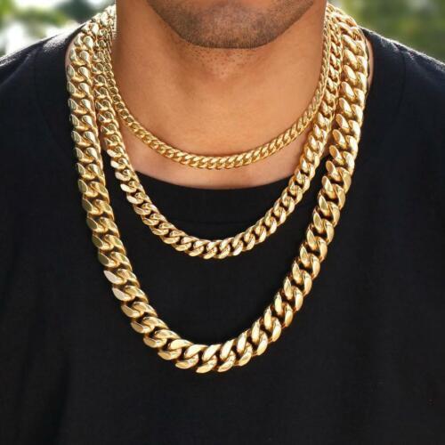 Men's Miami Cuban Link Chain 18k Gold Plated Stainless Steel 14mm 30'' Necklace - Picture 5 of 10