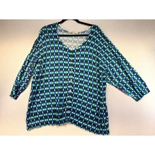 Sejour Womens Button-Up Cardigan Sweater 3XBlue Green Geometric Print