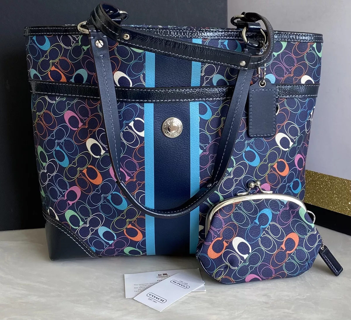 COACH SIG CHELSEA NAVY BLUE/MULTI SHOULDER BAG/COIN PURSE SET SILVER F15139