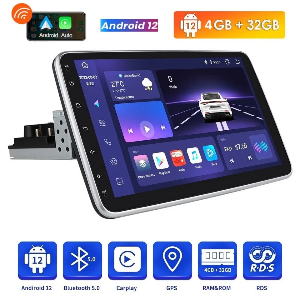 10.1" Rotatable 1Din Android 12 8Core CarPlay Car Stereo Radio GPS DSP BT 4+32GB - Image 2 of 4