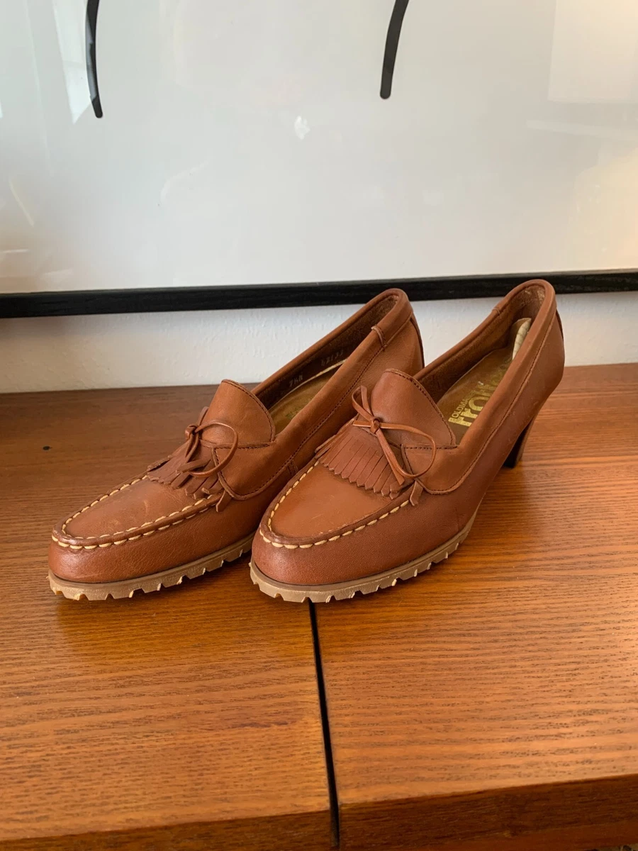 Vintage 70 s Old Maine Trotters USA Brown Leather Heeled Loafers Tassels 7.5 N