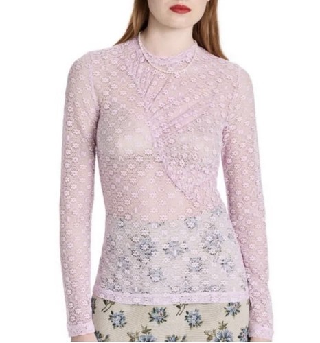 Ganni Sheer Floral Lace top powder pink asymmetric ruched mock neck Sz. M NWOT - Picture 2 of 8