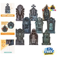 Durable 16-Inch Halloween Tombstones - 9 Pcs Graveyard Decor with Metal Stakes