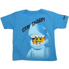 Lego Legoland Shark Suit Guy "Stay Sharp " Blue Kids Tee Shirt Legoman