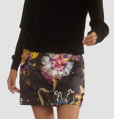 Cynthia Rowley Women's Black Floral Satin Kaia Embellished Mini Skirt Size 2