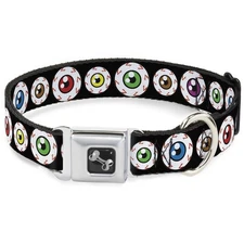 Dog Collar Bone Eyeballs Black/Multi Color Large 15-24"