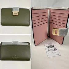 kate spade Wallet-Phoebe Refined-Seaweed Green-Lined Pink-Retail $199-Leather