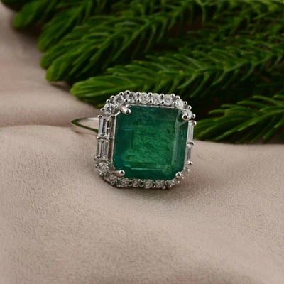9.91 TCW Sambianischer Smaragd Si / H Diamant Verlobung Halo Ring 18k Weiß - Bild 1 von 4