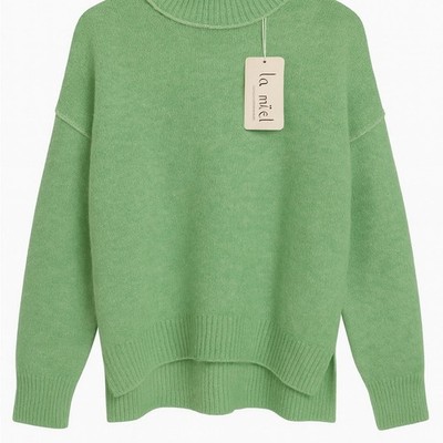 La Miel Ella Green Drop Shoulder Turtleneck Sweater | Oversized Pullover | Small