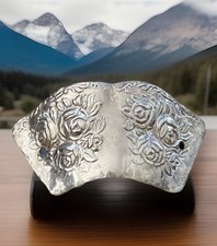 Vtg 1940s-50s Mexico Sterling Silver Repousse Floral Hair Clip Barrette No Stick
