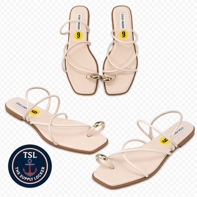 Steve Madden Sandals Women Size 9 Nude Strappy Flat Slip On Gold Accent