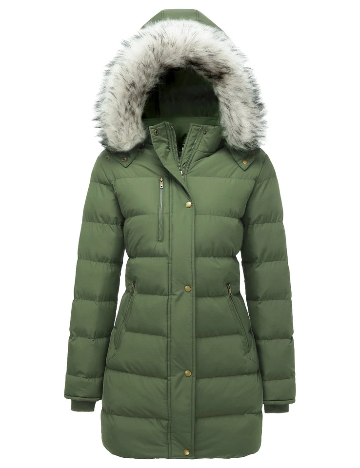 Abrigo parka acolchado cálido de invierno para mujer con capucha extraíble de piel sintética Foto 3 de 4