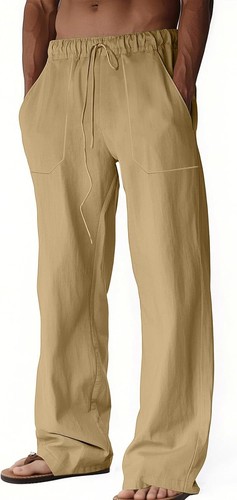 Mens Linen Casual Pants Loose Fit Drawstring Waist Lightweight Summer Beach Yoga