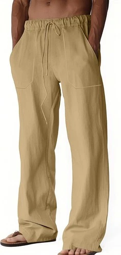 Mens Linen Casual Pants Loose Fit Drawstring Waist Lightweight Summer Beach Yoga