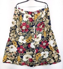 Vtg 90s floral A-line midi skirt elastic waist button Front Women's 38/24W
