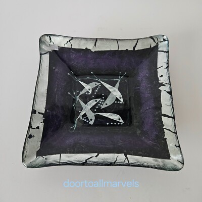 Margaret Johnson Art Glass Square Dish with Fish Purple & Silver Boho Nature