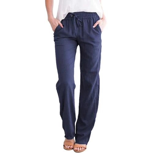 Damen Gerade Elastische Taille Hose Kordelzug Baumwolle Leinen Freizeit Lockere Hose - Bild 10 von 43