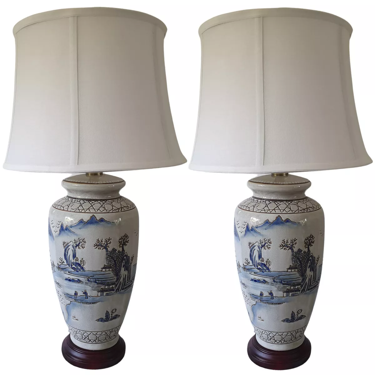 Pair of Chinese Ceramic Vase Lamps with Shades Ancient Landscape