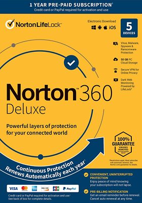Norton 21389902 360 Deluxe 5 Devices Antivirus software Auto Renewal [Key Card]
