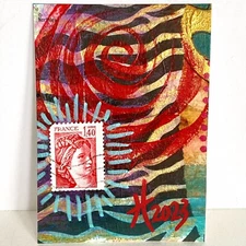 ACEO Original Acrylic Painting France Postage Stamp Art Tristina Dietz Elmes ATC