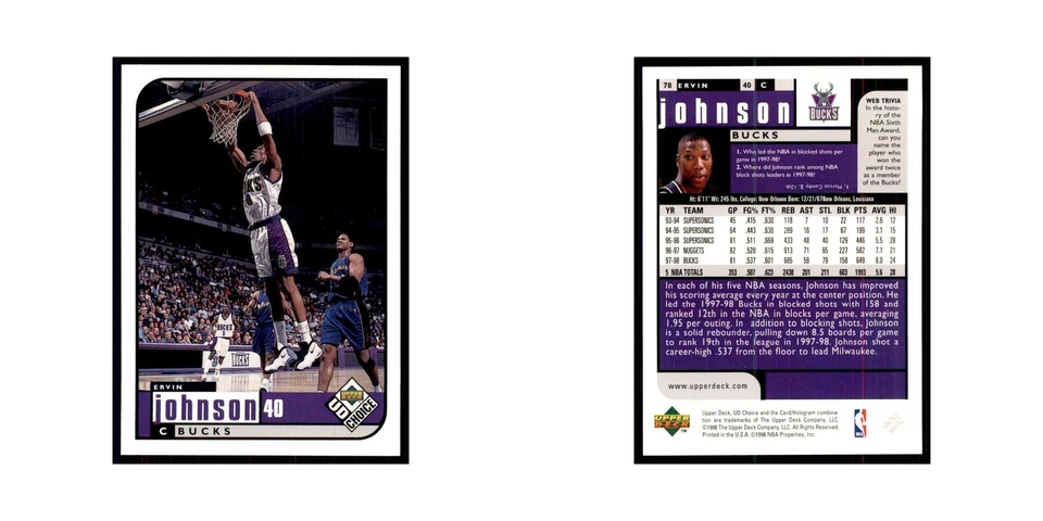 1998 UD Choice Ervin Johnson Basketball Cards #78 - Image 3 of 3